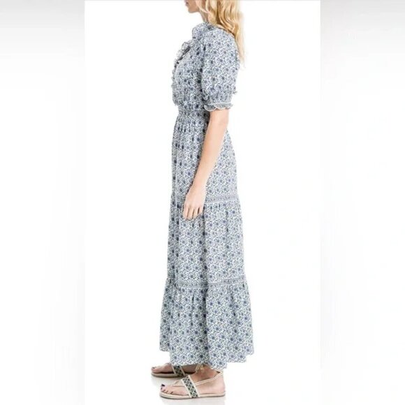 Max Studio Dress L VNeck Elbow Sleeve Boho Floral Print Tiered Maxi Flowy Casual - Picture 4 of 5